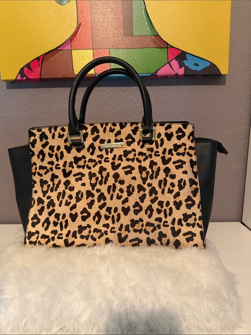 Banana Republic Leopard Print Satchel Handbag with Black Trim